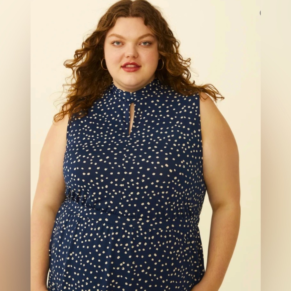 NWT. Molly & Isadora Sleeveless Elastic-Waist Maxi dress. Blue with white dots.
